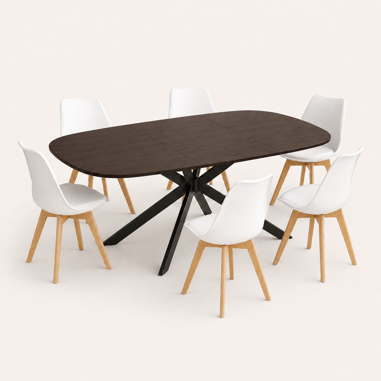 Comedor Nexo con seis sillas NUK blancas y mesa extensible color wengué para 4 a 6 personas