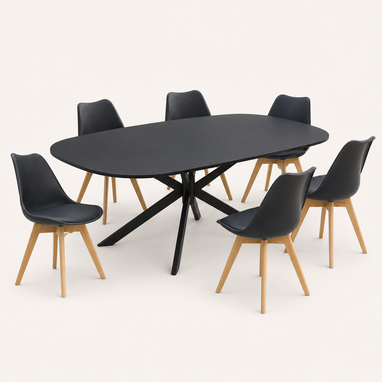 Comedor Ónix con seis sillas NUK negras y mesa extensible de 160 cm